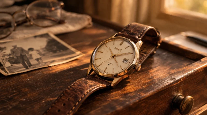Vintage HMT wristwatch on wooden drawer warm morning light nostalgic Hindi family story