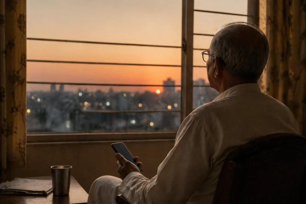Elderly Indian father sitting by window at sunset holding phone, quiet reflective moment