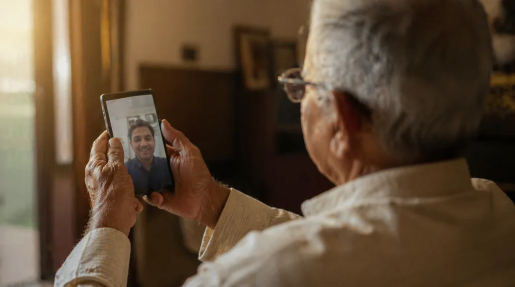 Close-up of elderly Indian man holding phone showing video call with son, warm emotional moment