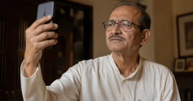 Elderly Indian father holding smartphone slightly above eye level, trying to see screen clearly Title: