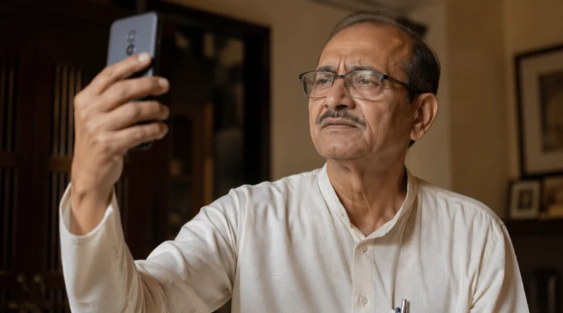 Elderly Indian father holding smartphone slightly above eye level, trying to see screen clearly Title: