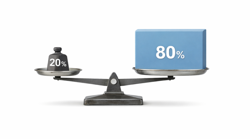Pareto Principle visual showing 20 percent effort vs 80 percent results using a balance scale