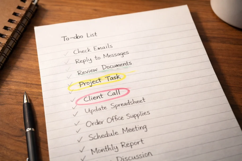 handwritten to-do list with two important tasks highlighted among ten items