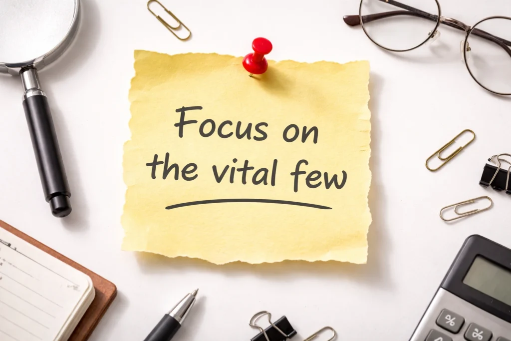 workspace desk with note emphasizing focus on most important tasks