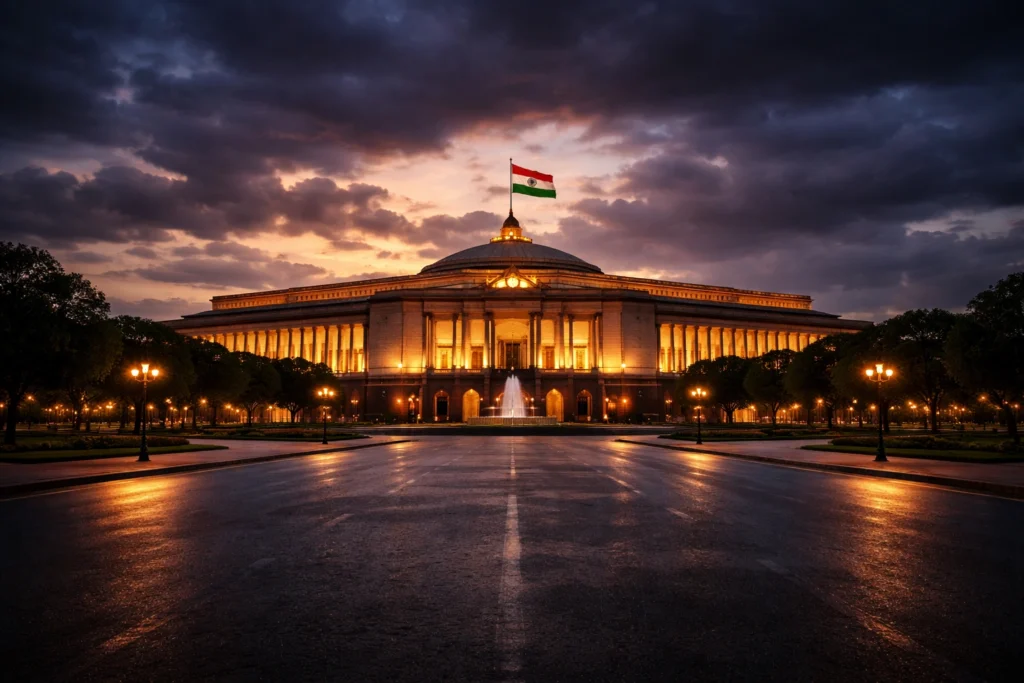 India Parliament building at dusk with dramatic clouds symbolizing political uncertainty and ongoing debate