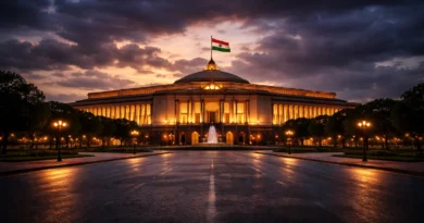 India Parliament building at dusk with dramatic clouds symbolizing political uncertainty and ongoing debate