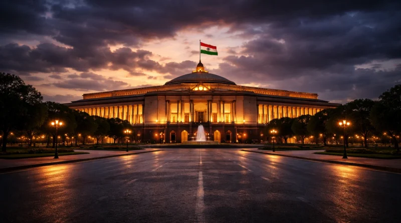 India Parliament building at dusk with dramatic clouds symbolizing political uncertainty and ongoing debate