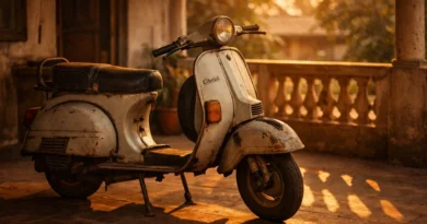 बरामदे में खड़ा पुराना स्कूटर, शाम की रोशनी में — भारतीय middle class जीवन का प्रतीक