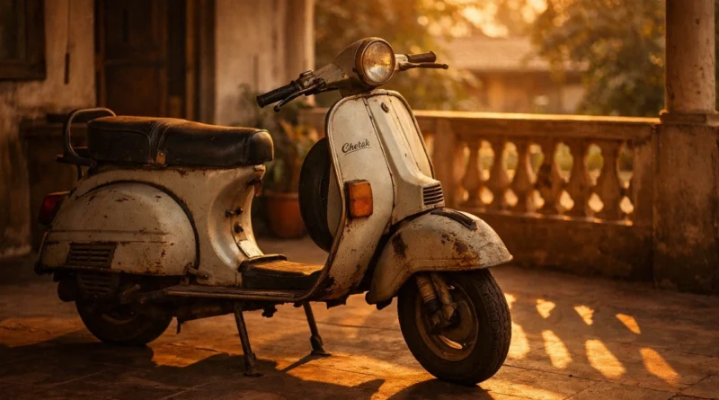 बरामदे में खड़ा पुराना स्कूटर, शाम की रोशनी में — भारतीय middle class जीवन का प्रतीक