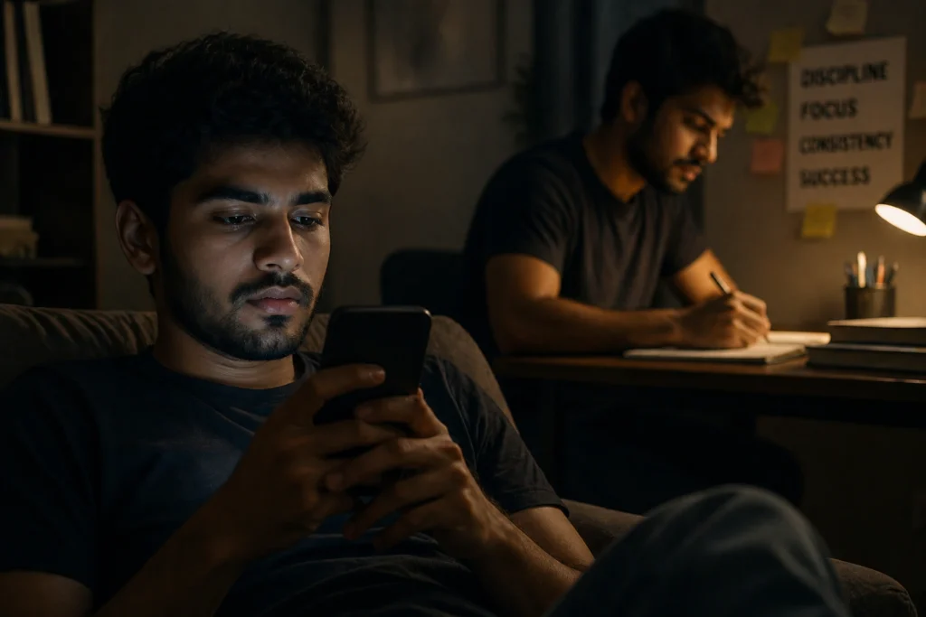 person distracted by phone while focused version of self works in background