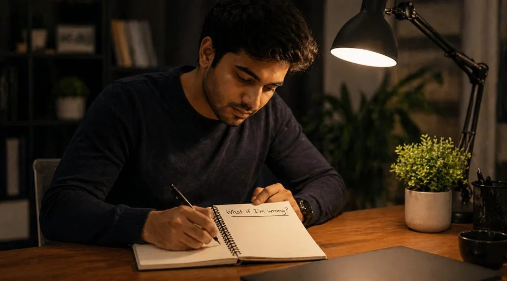 Young professional writing what if I am wrong in notebook reflecting on decision making