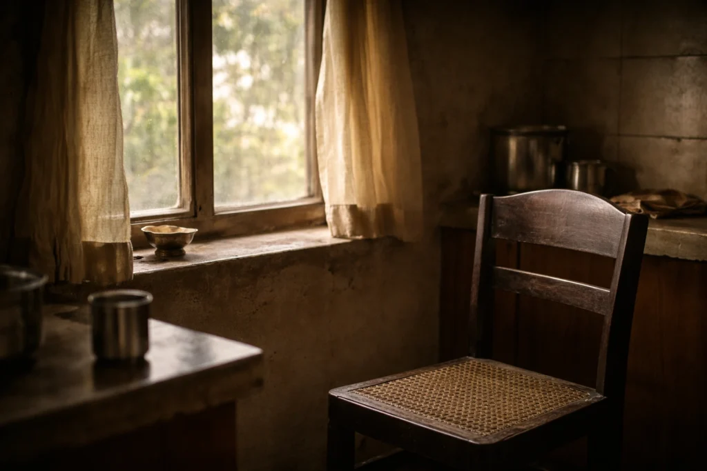 Empty chair near a window in a quiet home with soft light