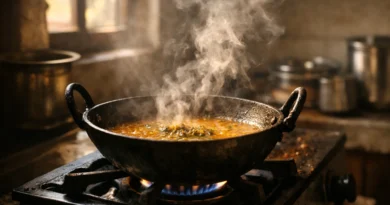 Dal cooking in an iron kadhai on a stove with warm morning light