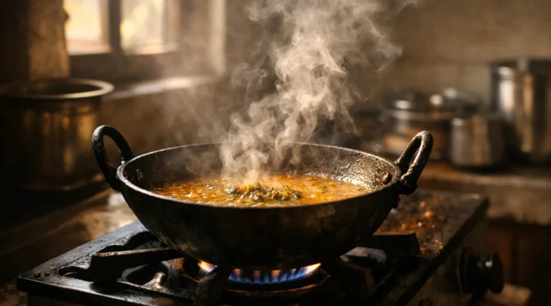 Dal cooking in an iron kadhai on a stove with warm morning light