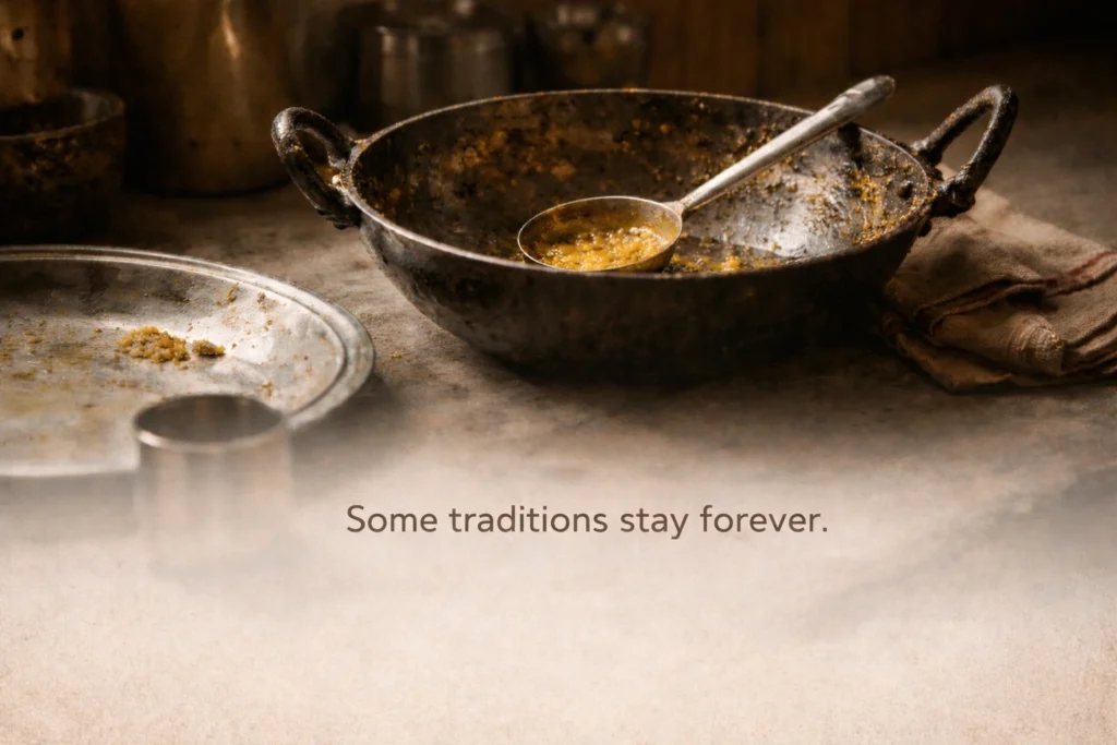 Used kadhai with leftover dal symbolizing lasting family traditions