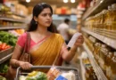Indian woman in grocery store checking prices worried about rising inflation in India