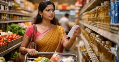 Indian woman in grocery store checking prices worried about rising inflation in India