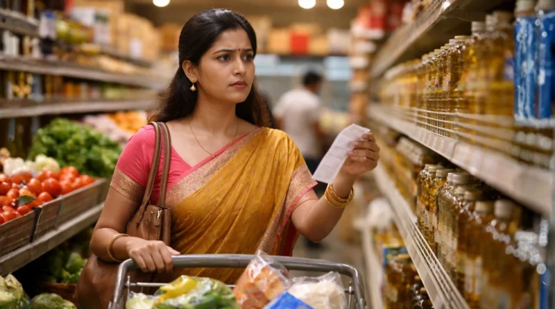 Indian woman in grocery store checking prices worried about rising inflation in India