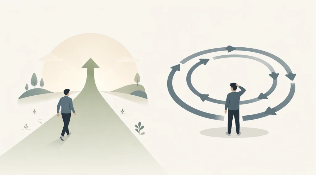 Two contrasting paths, one straight forward path and one circular loop representing progress versus overthinking