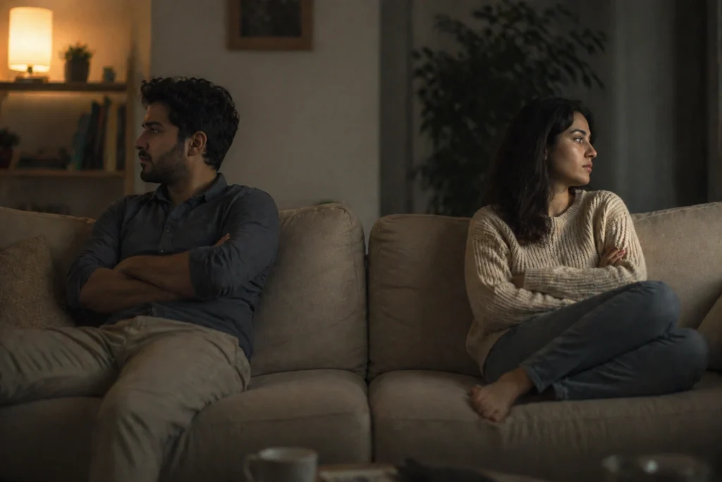 couple sitting apart in silence due to ego conflict