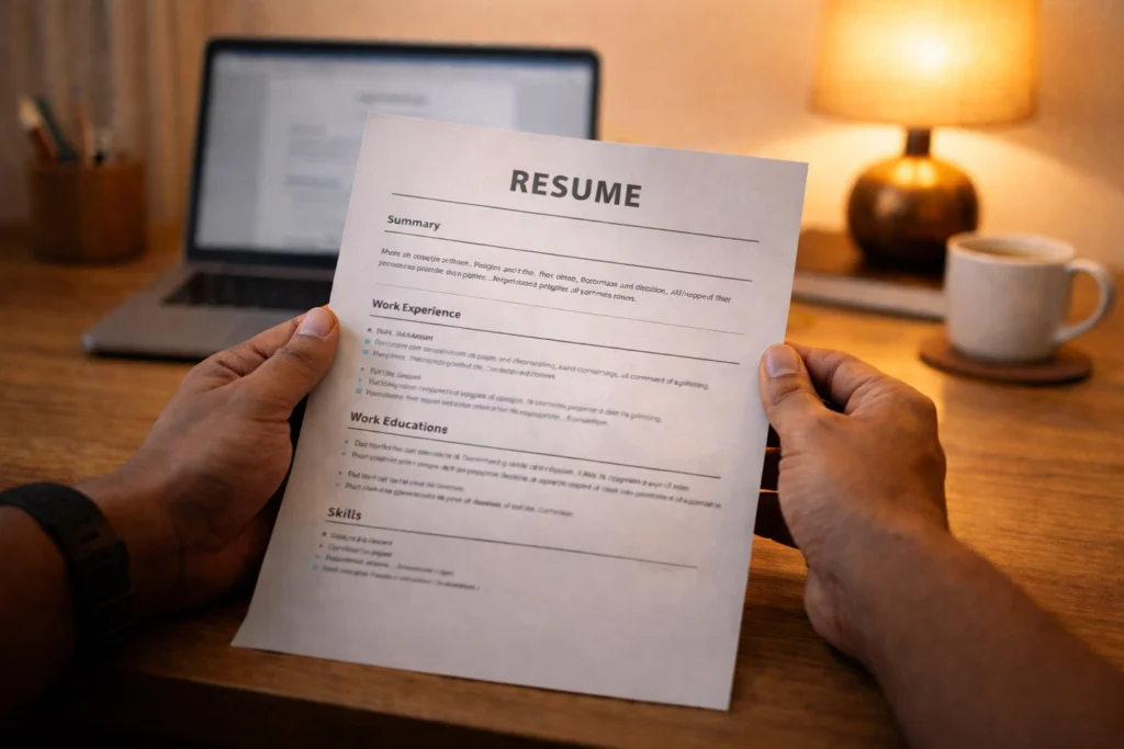 Person holding a printed resume in a warm workspace representing job readiness and opportunity