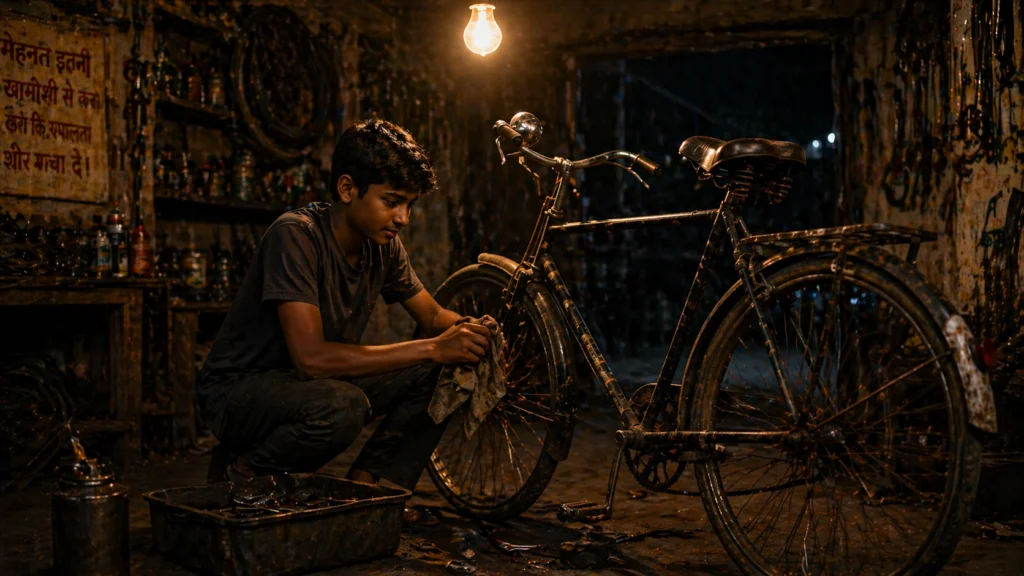 Young boy cleaning an old bicycle at night inside a dimly lit workshop under a single bulb