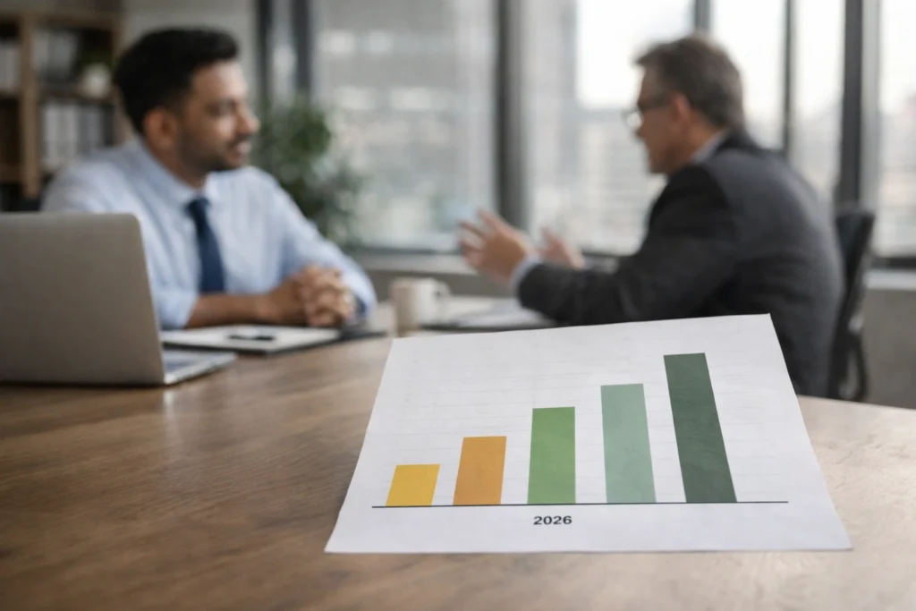 Salary growth chart on desk during office appraisal discussion in India