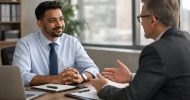 Indian professional discussing salary appraisal with manager in office meeting
