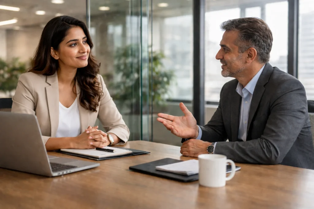 Confident professional woman discussing appraisal with senior manager in office
