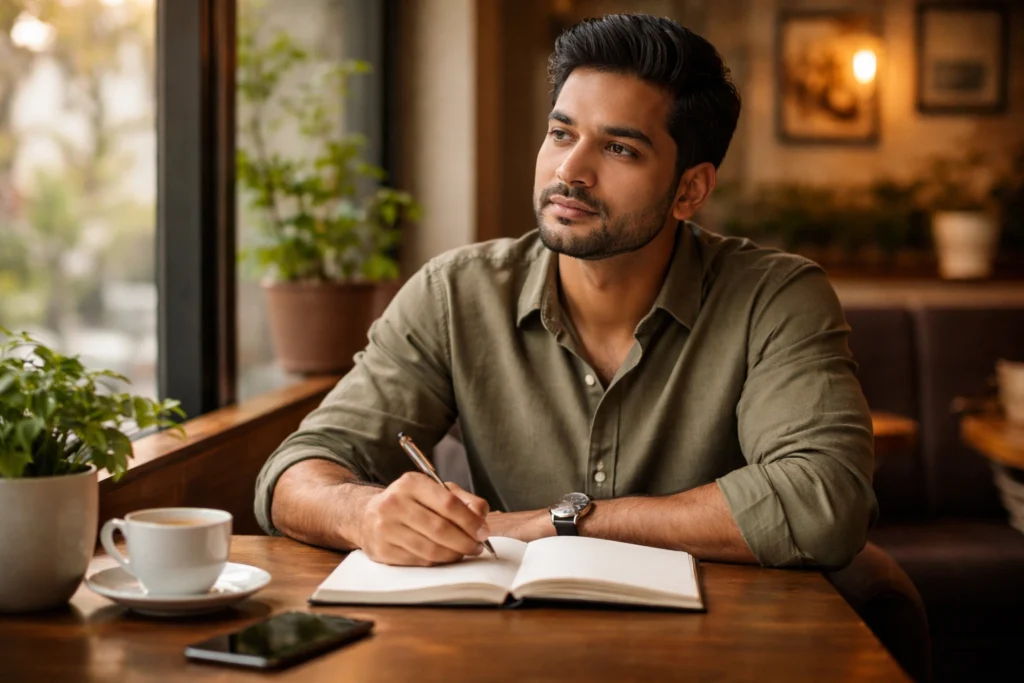 Indian man thinking deeply about multiple decision paths on paper at desk