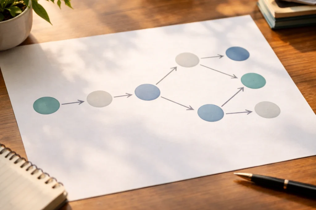 Flowchart of connected decisions showing cause and effect on paper