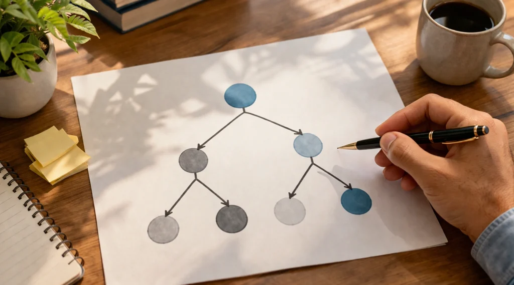Hand drawing a decision tree with multiple branching outcomes on paper