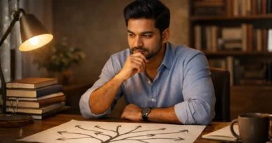 Indian man sitting in cafe thinking while writing in notebook