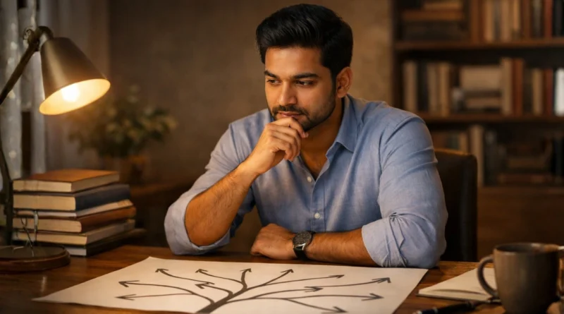 Indian man sitting in cafe thinking while writing in notebook