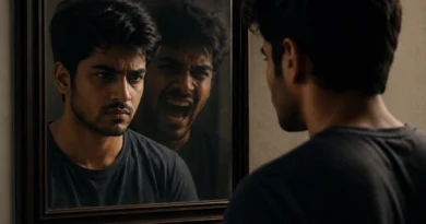 man facing mirror showing inner conflict and emotional struggle self control