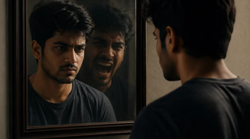 man facing mirror showing inner conflict and emotional struggle self control