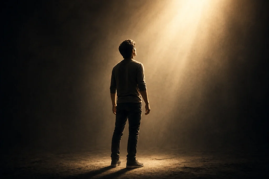 A person standing up in soft light symbolizing self realization and inner strength
