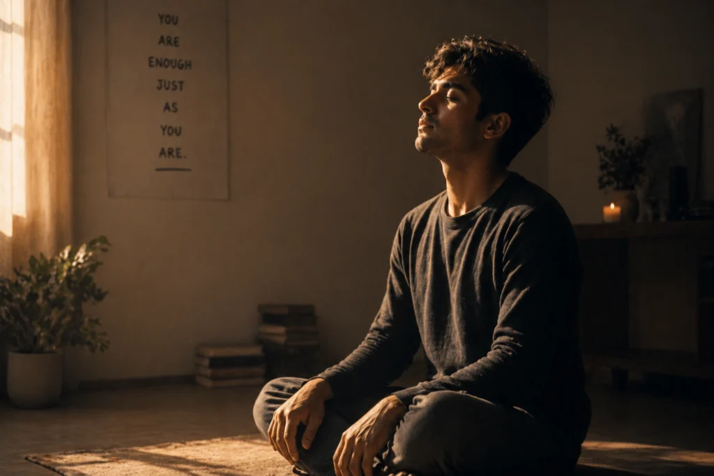 person sitting peacefully eyes closed self reflection inner peace self validation