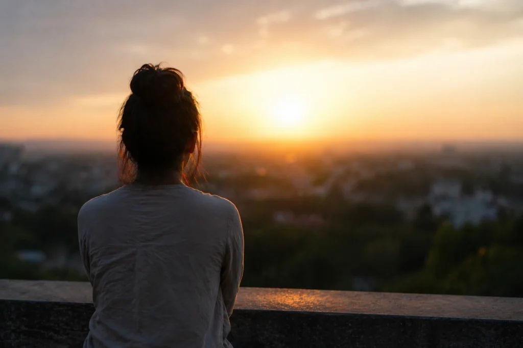 person looking at sunset reflecting on life decisions social pressure letting go