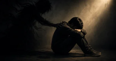 A person sitting alone with a shadow pulling him back symbolizing self sabotage and inner conflict