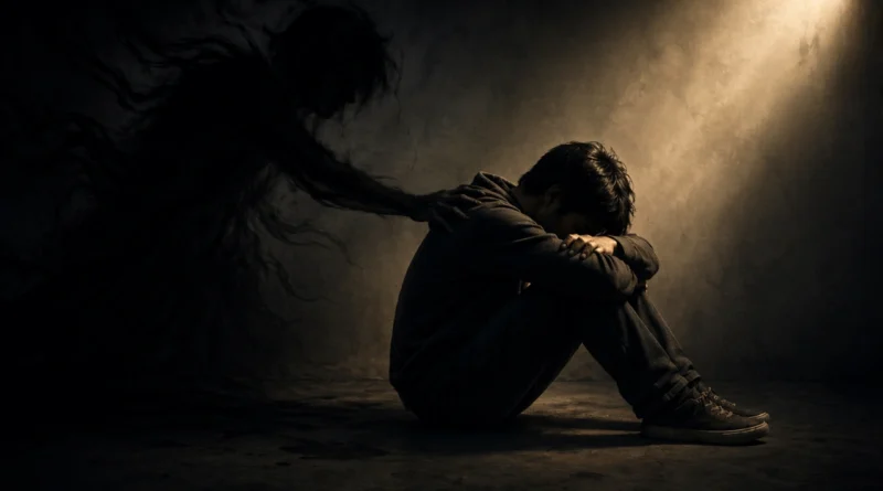 A person sitting alone with a shadow pulling him back symbolizing self sabotage and inner conflict