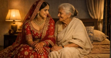 Young Indian bride sitting with her grandmother at night in soft warm light, mehendi visible, emotional pre-wedding moment
