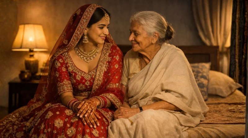 Young Indian bride sitting with her grandmother at night in soft warm light, mehendi visible, emotional pre-wedding moment