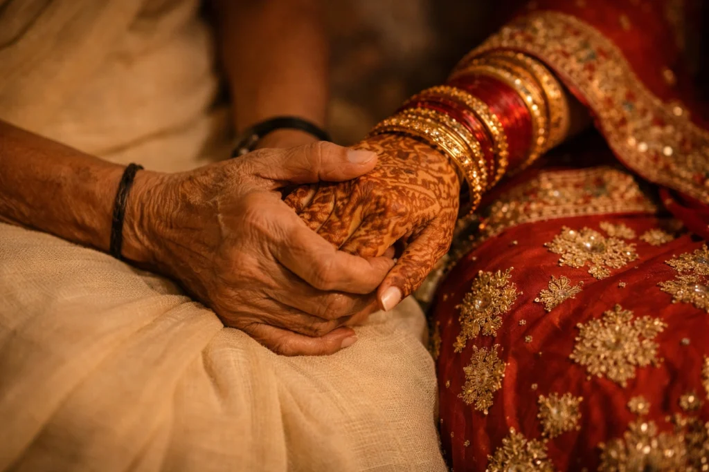 Close-up of an elderly woman's hand holding a young bride’s mehendi-covered hand in warm light, symbolizing emotional connection