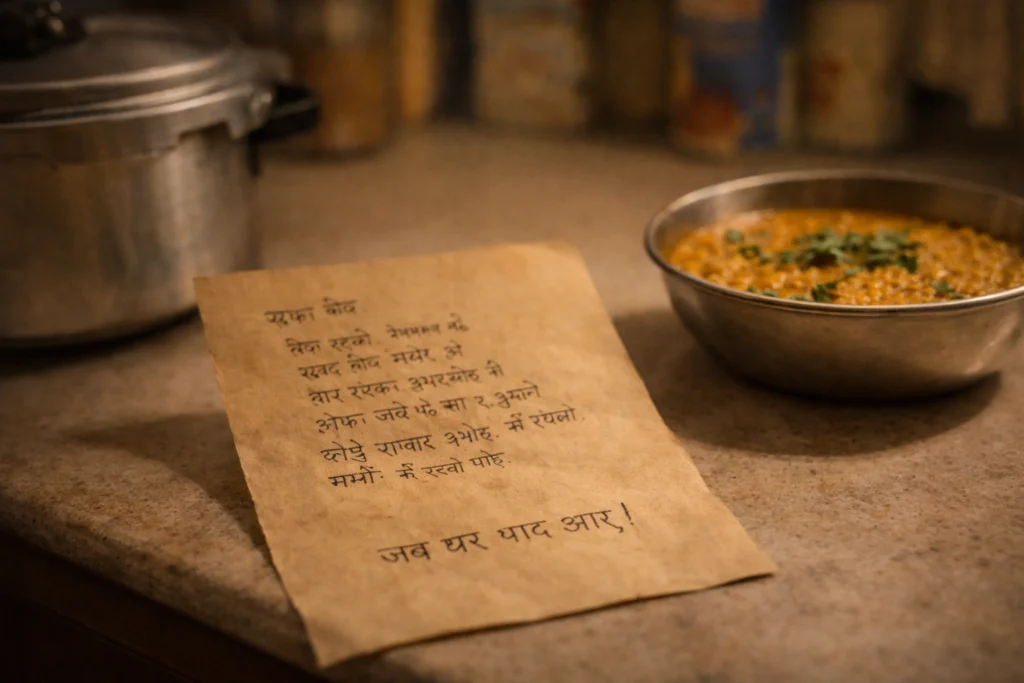 Handwritten dal recipe note from grandmother placed beside a bowl of dal in a softly lit kitchen, symbolizing memory and home