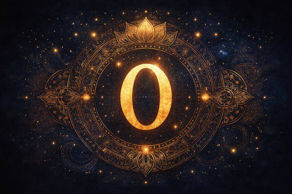 Golden zero symbol with Indian mandala patterns on dark blue background