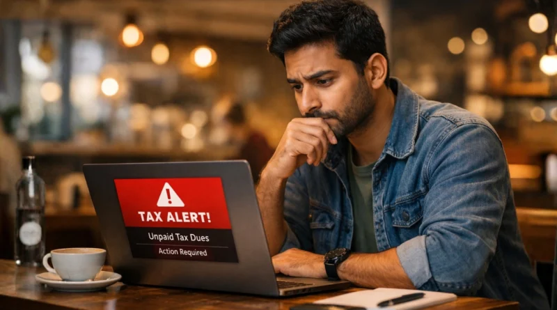 Young Indian professional looking at tax alert notification on laptop in coffee shop