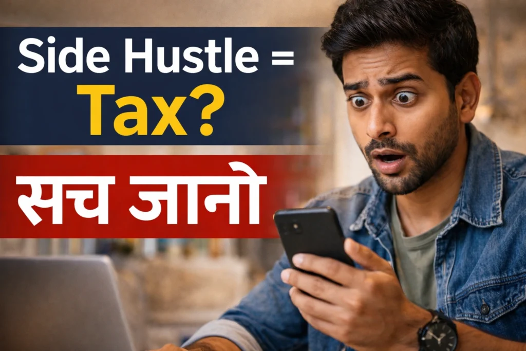 Young man surprised looking at phone with side hustle tax question