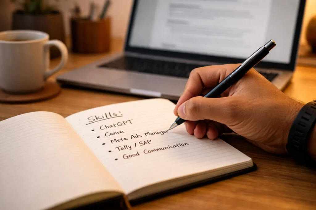 Hand writing skills in a notebook with laptop in background, personal job preparation workspace