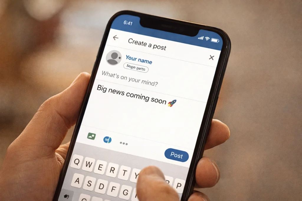 मोबाइल स्क्रीन पर LinkedIn post draft जिसमें “Big news coming soon” लिखा है